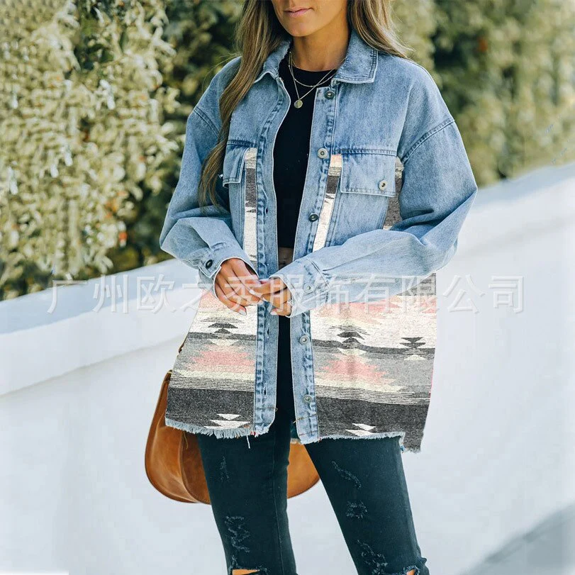 Autumn and Winter New Polo Neck Pocket Denim Panel Wool Coat Women's Vintage Jacket - Image 6