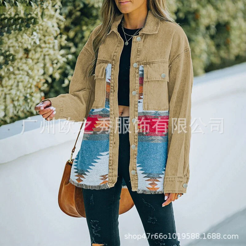 Autumn and Winter New Polo Neck Pocket Denim Panel Wool Coat Women's Vintage Jacket - Image 7