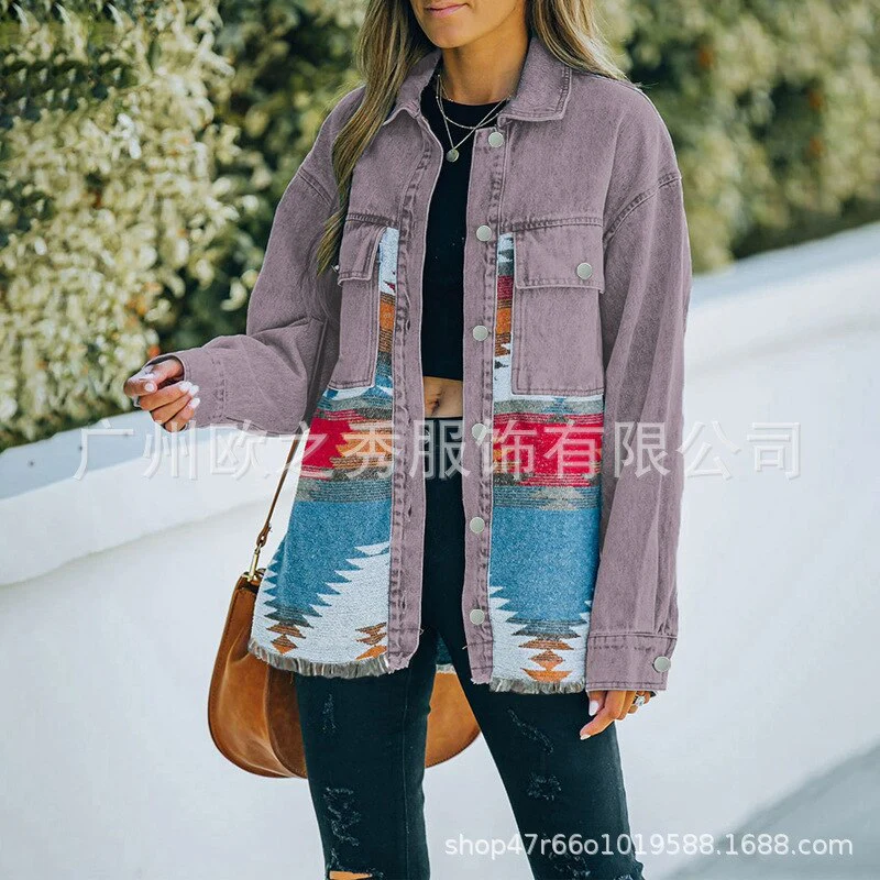 Autumn and Winter New Polo Neck Pocket Denim Panel Wool Coat Women's Vintage Jacket - Image 8