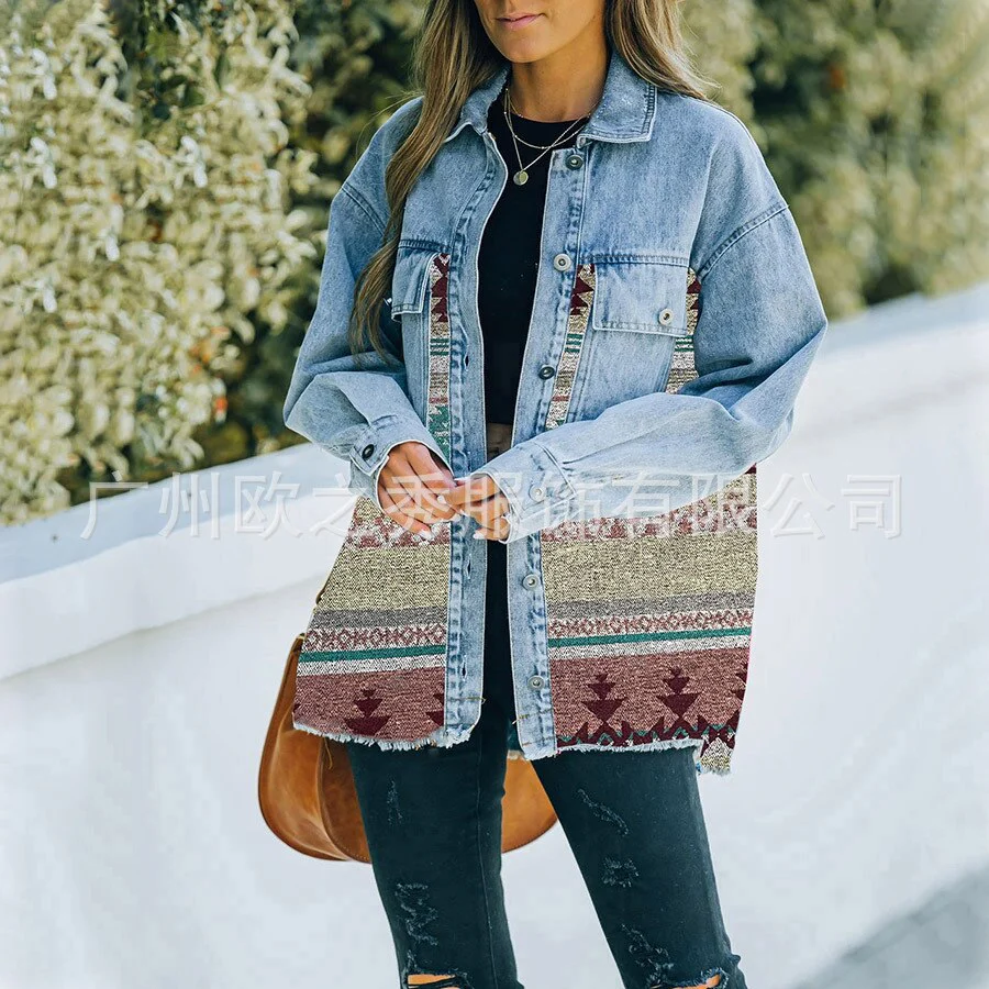 Autumn and Winter New Polo Neck Pocket Denim Panel Wool Coat Women's Vintage Jacket - Image 9