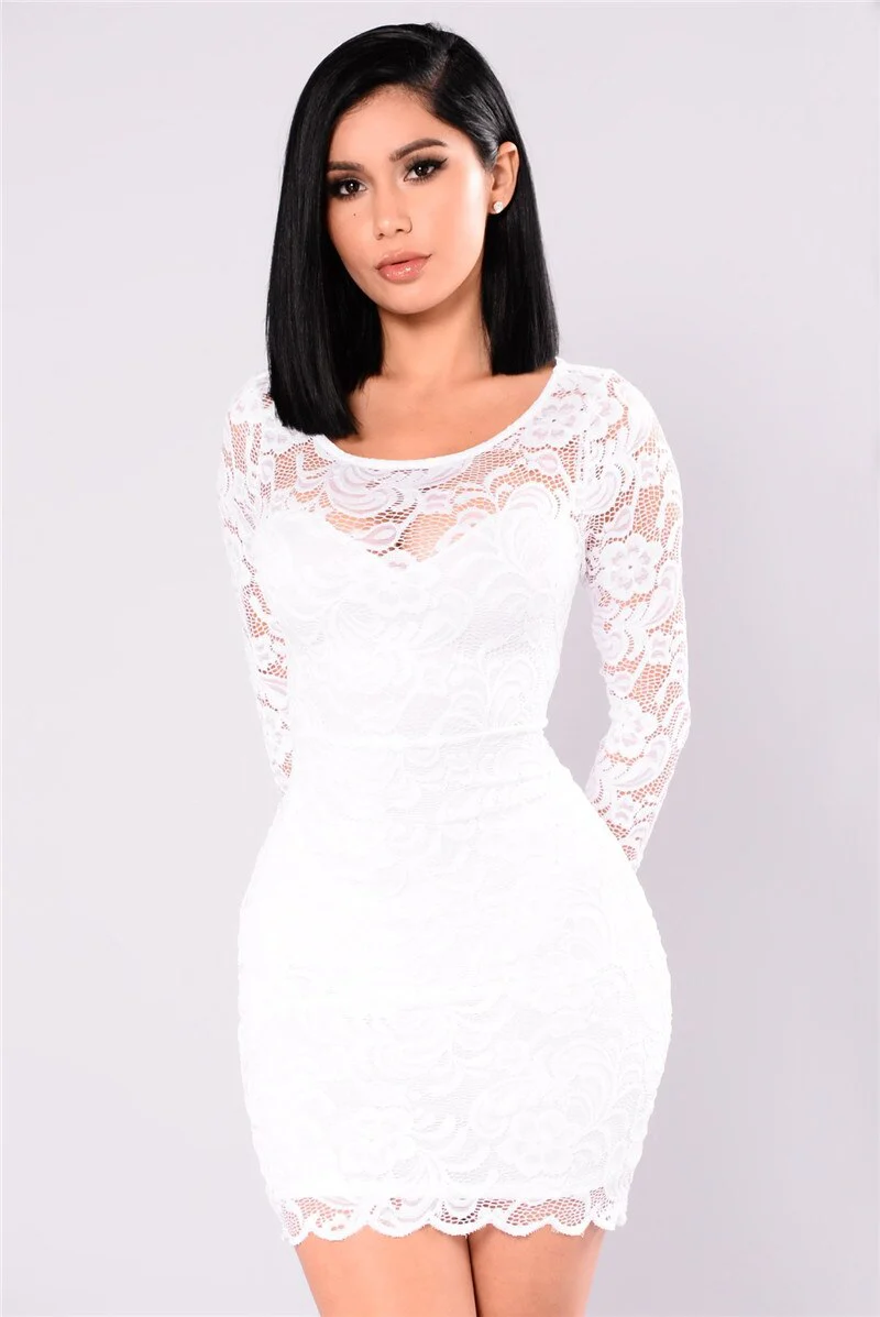 Sexy Autumn Black Long Sleeve Lace Dress Women Hollow Out O-Neck Club Party  Dress - Image 4