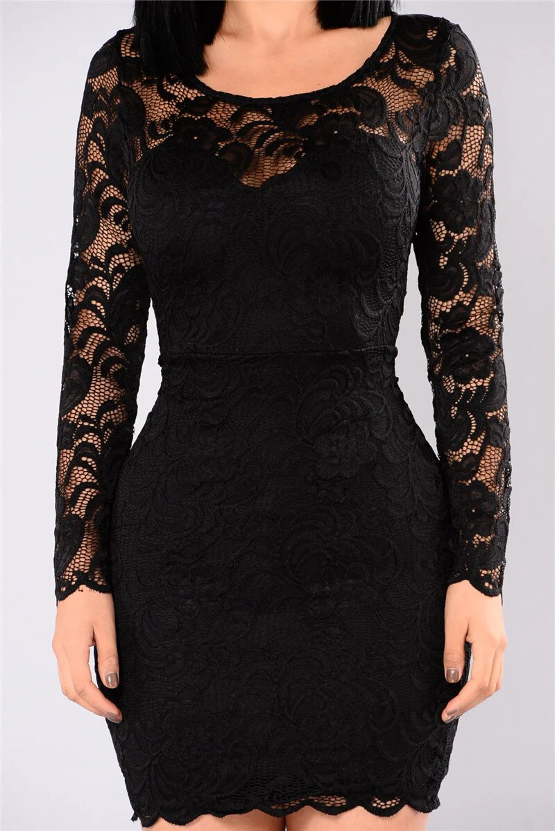 Sexy Autumn Black Long Sleeve Lace Dress Women Hollow Out O-Neck Club Party  Dress - Image 5