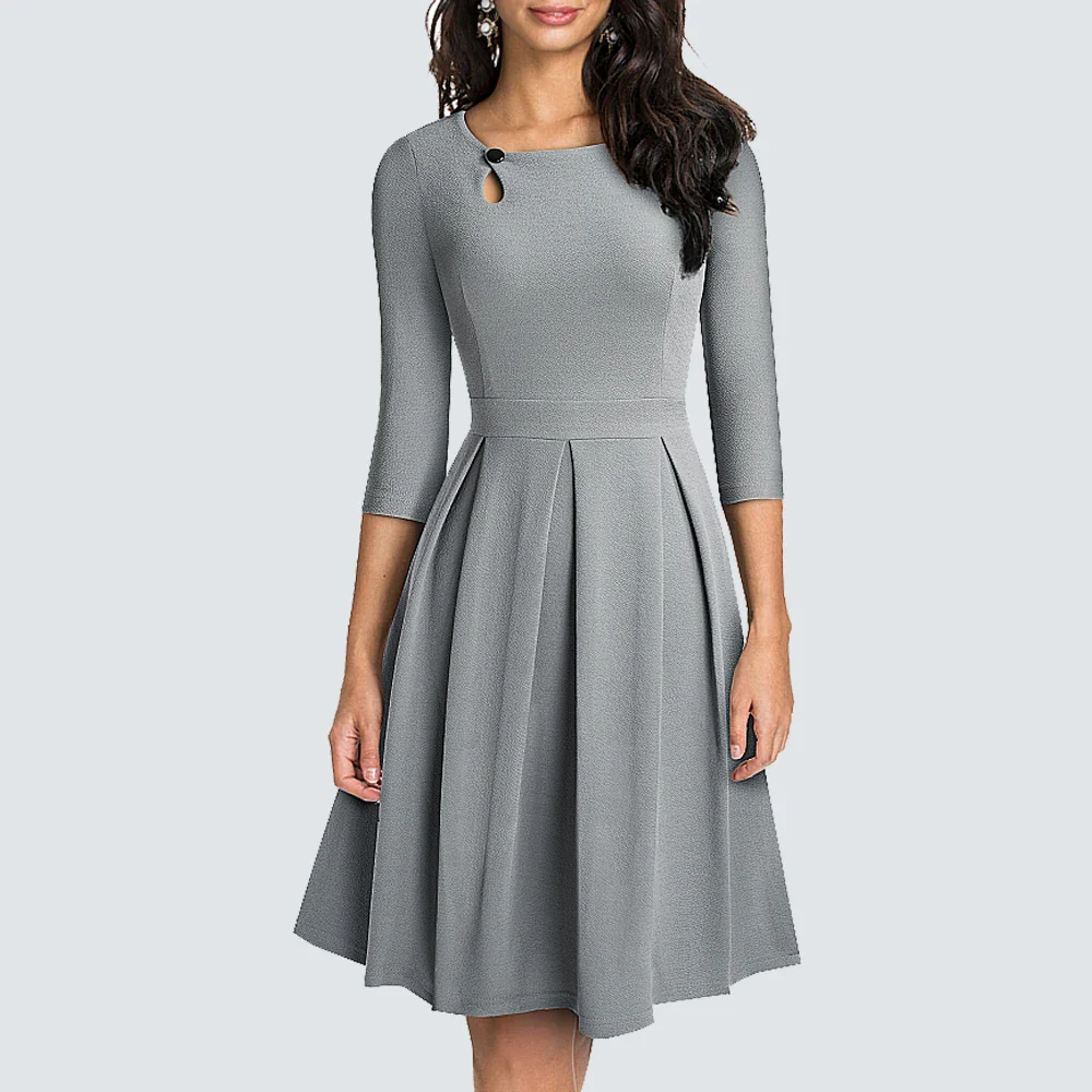 Autumn Chic One Button Hollow Brief Solid Color Charming Sexy Party Office Swing A-Line Dress HA223 - Image 2
