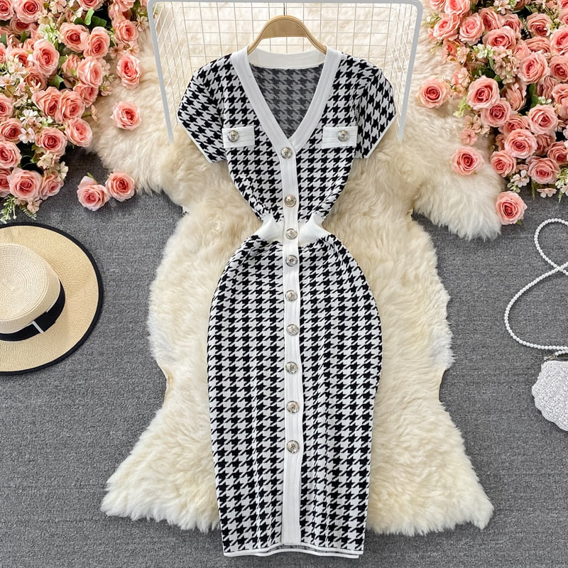Sexy Elegant Temperament V-neck Hit Color Dress Office Lady Single-breasted Houndstooth Dress - Image 2
