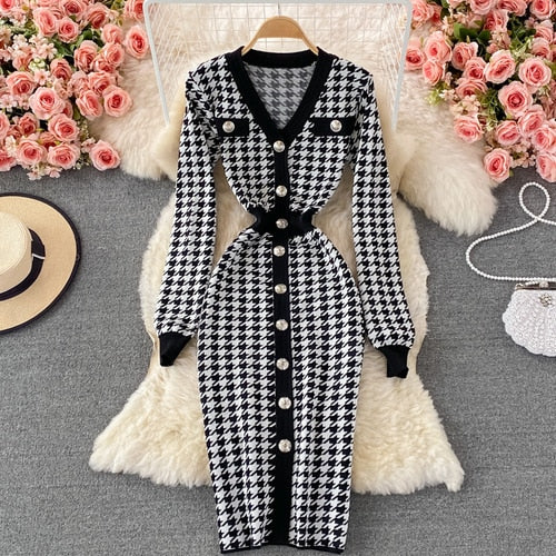Sexy Elegant Temperament V-neck Hit Color Dress Office Lady Single-breasted Houndstooth Dress - Image 6
