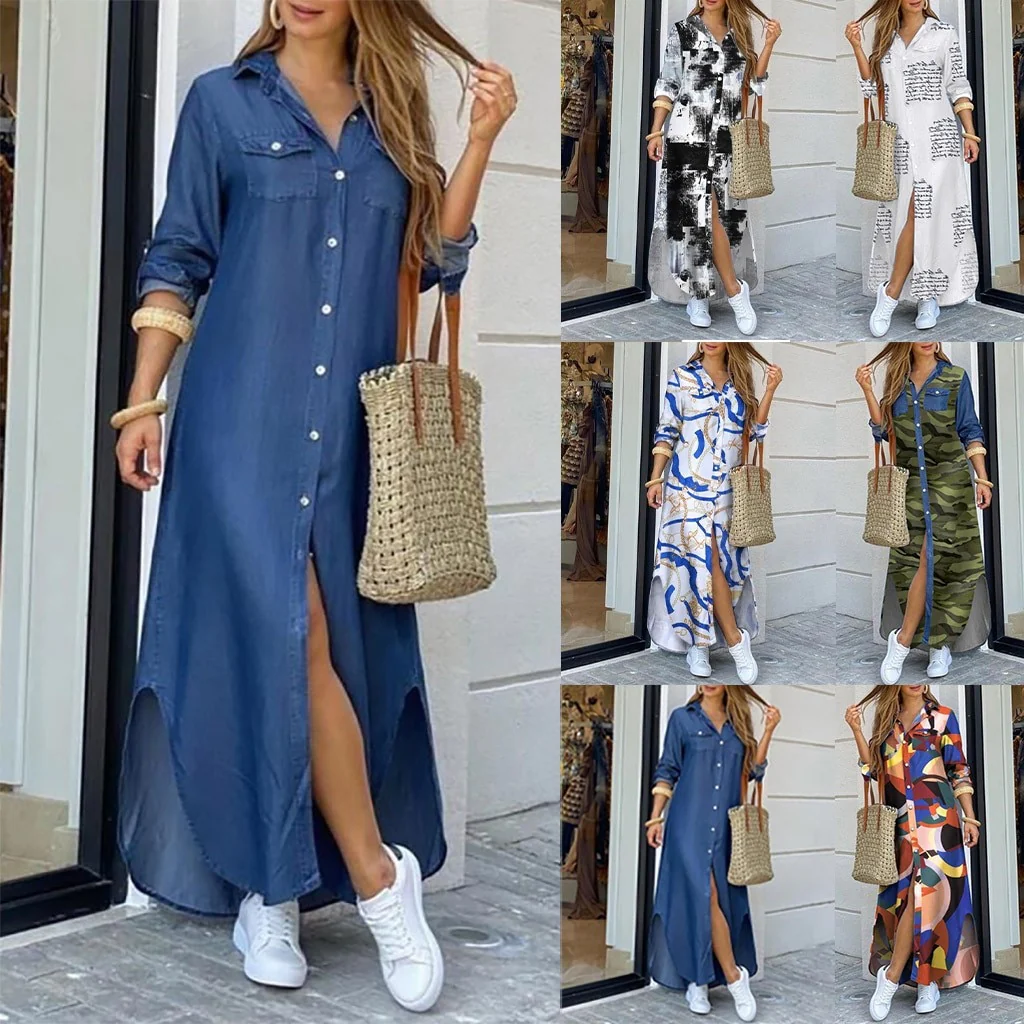 Sexy Long Dress Long Sleeve Shirt Women's Denim Long Dress Pocket Button Shirt - Image 12