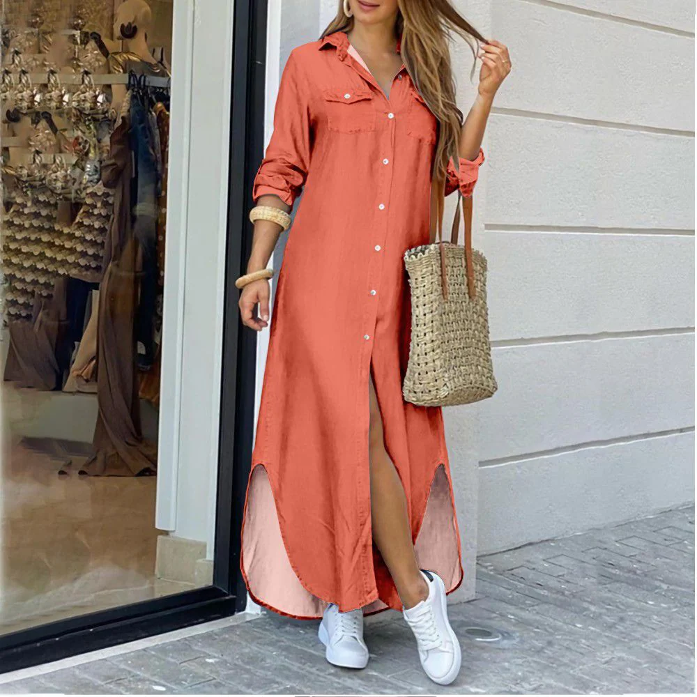 Sexy Long Dress Long Sleeve Shirt Women's Denim Long Dress Pocket Button Shirt - Image 4