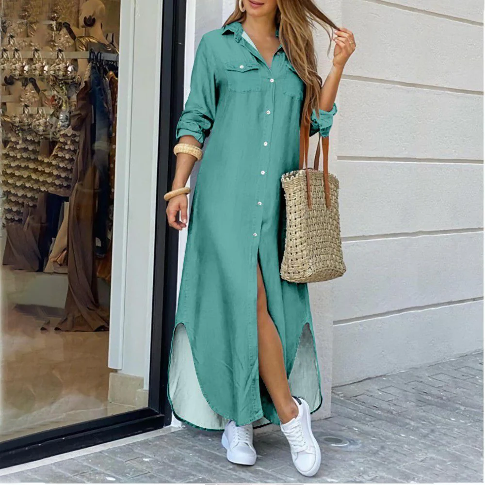 Sexy Long Dress Long Sleeve Shirt Women's Denim Long Dress Pocket Button Shirt - Image 6