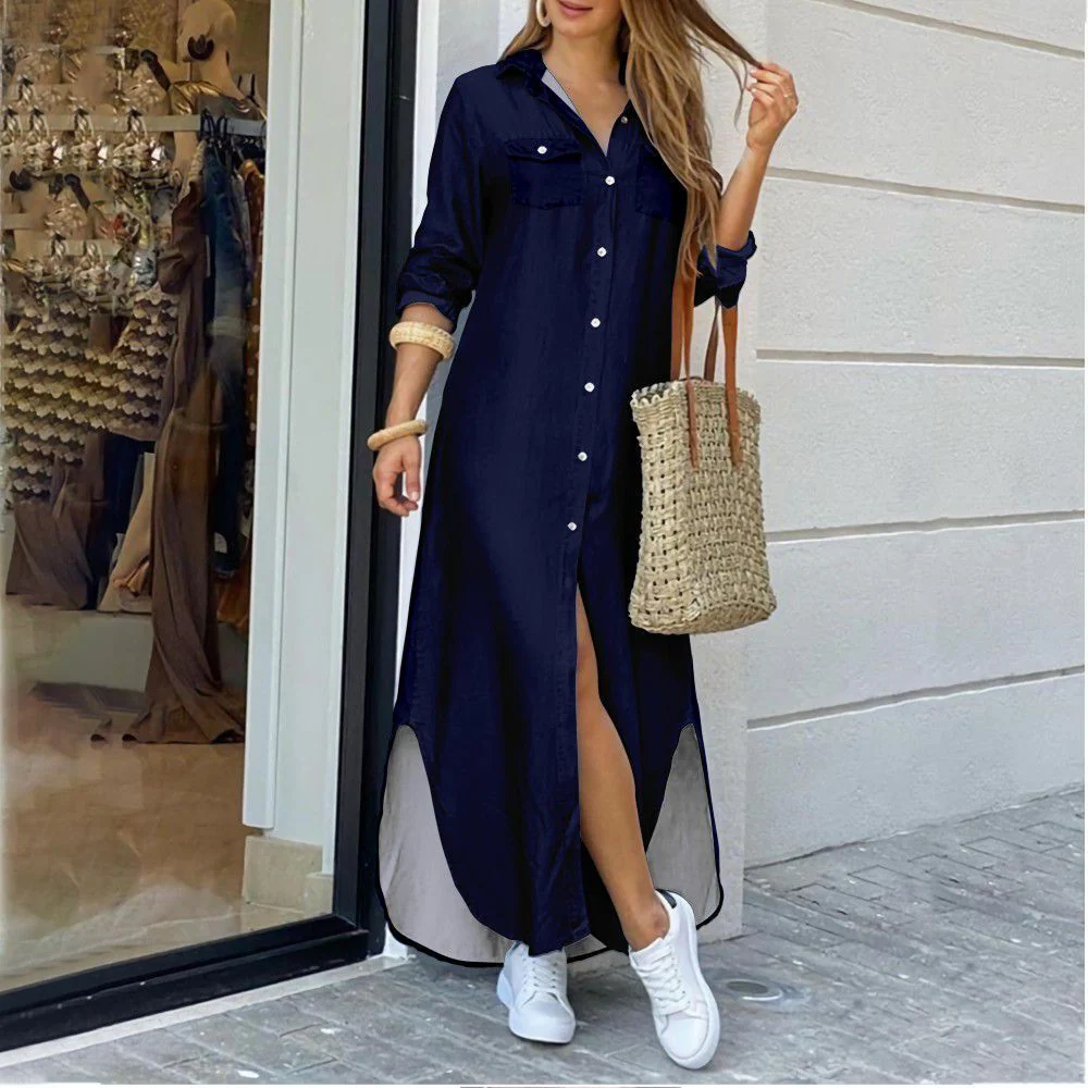 Sexy Long Dress Long Sleeve Shirt Women's Denim Long Dress Pocket Button Shirt - Image 7