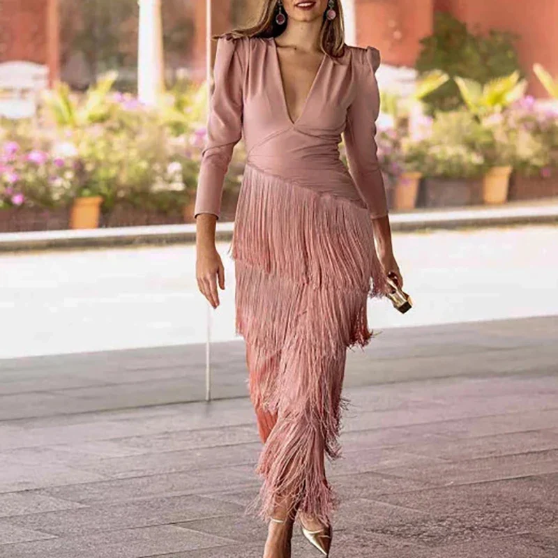 Autumn Long Sleeve Spliced Tassel Party Dresses Woman Elegant Deep V Neck Sheath Long Dress Fashion Solid Pleated Bohemian Dress - Image 13