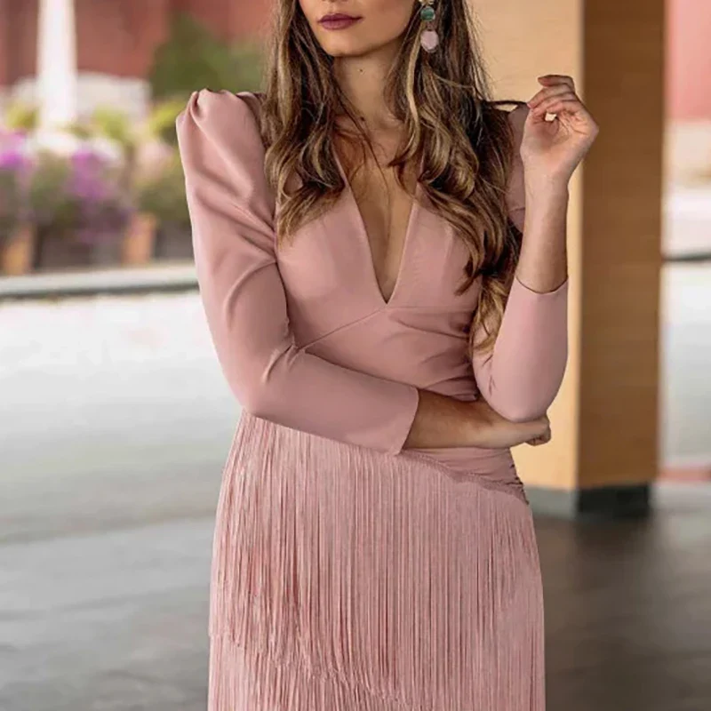 Autumn Long Sleeve Spliced Tassel Party Dresses Woman Elegant Deep V Neck Sheath Long Dress Fashion Solid Pleated Bohemian Dress - Image 14