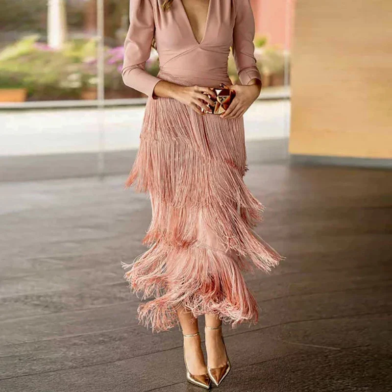 Autumn Long Sleeve Spliced Tassel Party Dresses Woman Elegant Deep V Neck Sheath Long Dress Fashion Solid Pleated Bohemian Dress - Image 15
