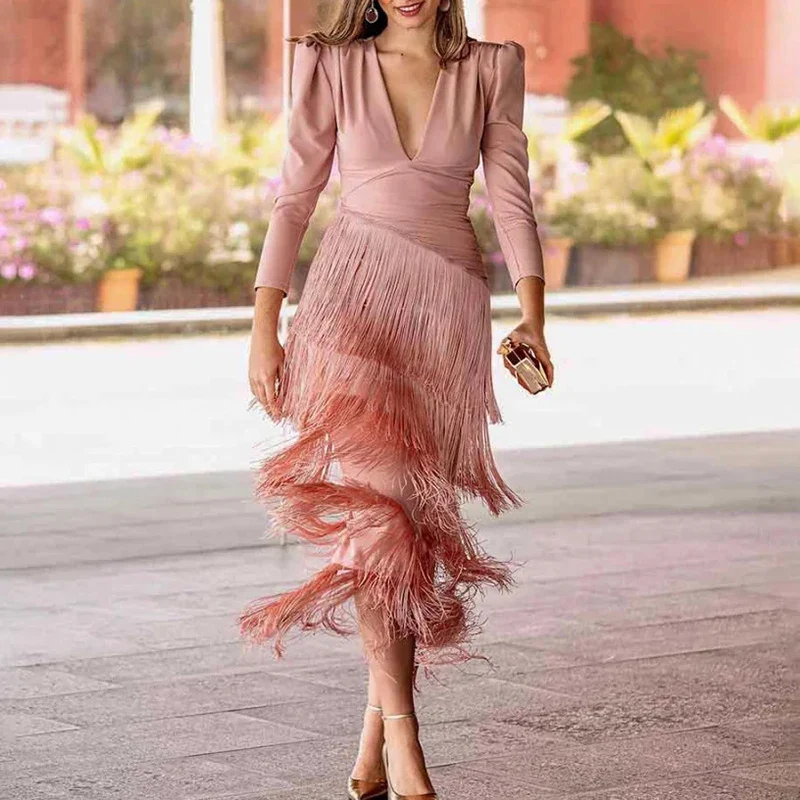 Autumn Long Sleeve Spliced Tassel Party Dresses Woman Elegant Deep V Neck Sheath Long Dress Fashion Solid Pleated Bohemian Dress - Image 19