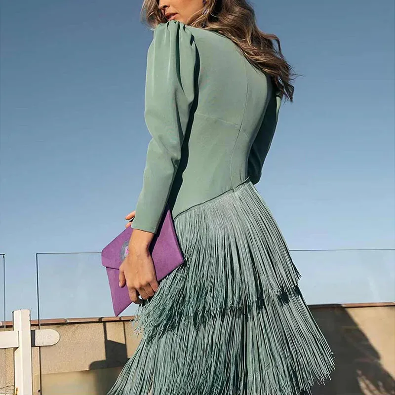 Autumn Long Sleeve Spliced Tassel Party Dresses Woman Elegant Deep V Neck Sheath Long Dress Fashion Solid Pleated Bohemian Dress - Image 2