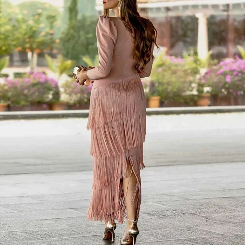 Autumn Long Sleeve Spliced Tassel Party Dresses Woman Elegant Deep V Neck Sheath Long Dress Fashion Solid Pleated Bohemian Dress - Image 3