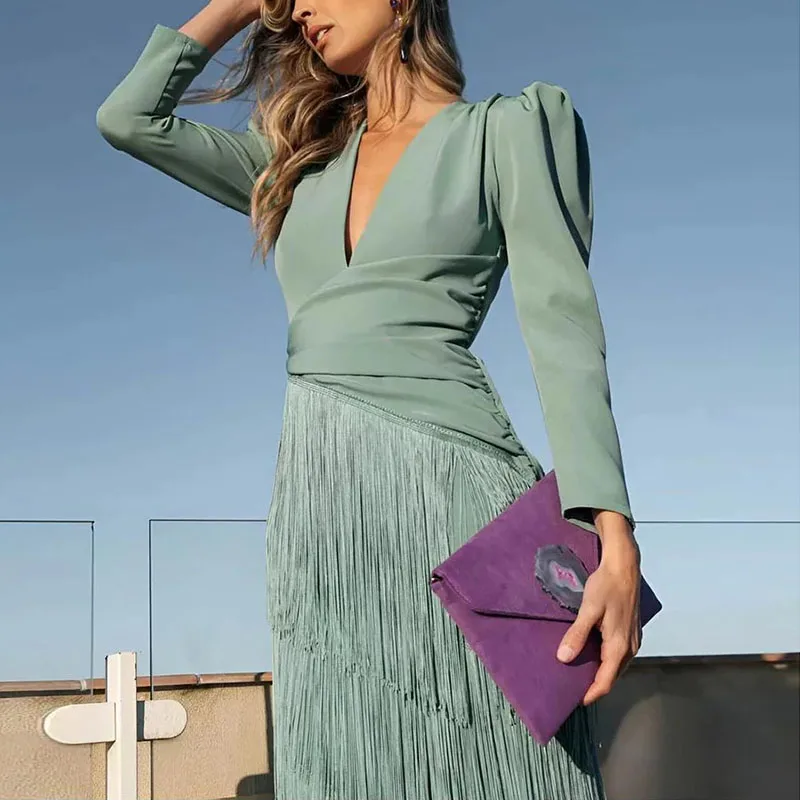 Autumn Long Sleeve Spliced Tassel Party Dresses Woman Elegant Deep V Neck Sheath Long Dress Fashion Solid Pleated Bohemian Dress - Image 6
