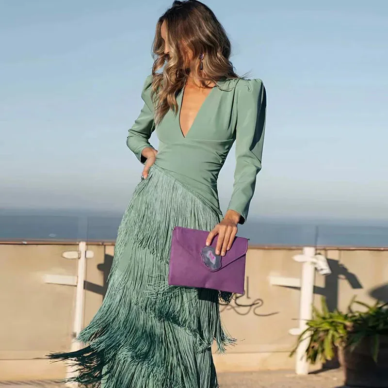 Autumn Long Sleeve Spliced Tassel Party Dresses Woman Elegant Deep V Neck Sheath Long Dress Fashion Solid Pleated Bohemian Dress - Image 7