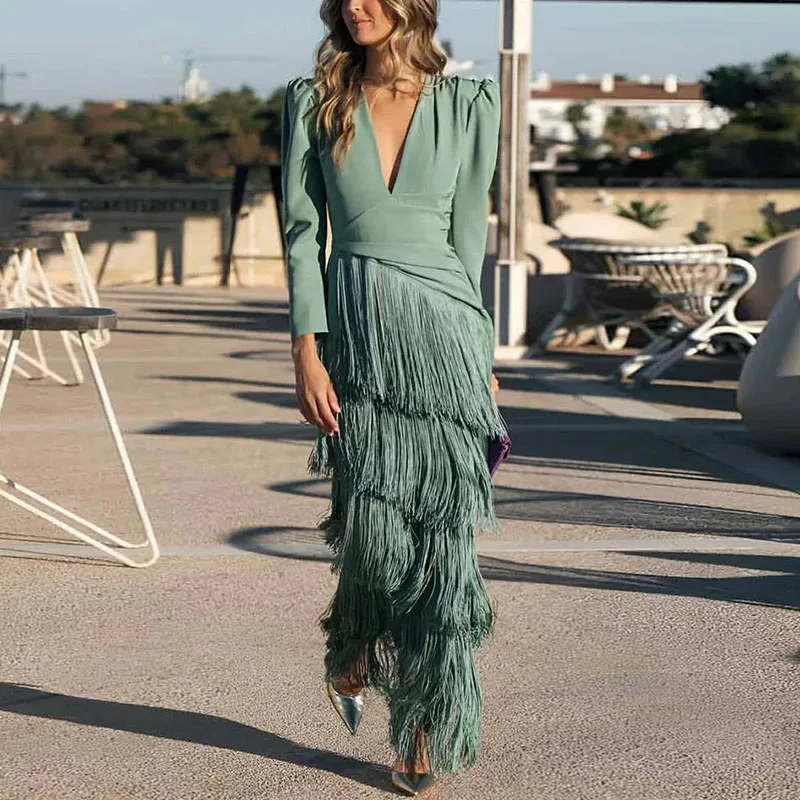 Autumn Long Sleeve Spliced Tassel Party Dresses Woman Elegant Deep V Neck Sheath Long Dress Fashion Solid Pleated Bohemian Dress - Image 8