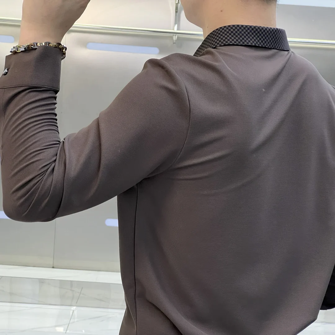 Autumn Men's Advanced Luxury Long Sleeve Shirt Square Neck Button Patchwork Ventilate Fashion Business Casual Versatile Slim Top - Image 5