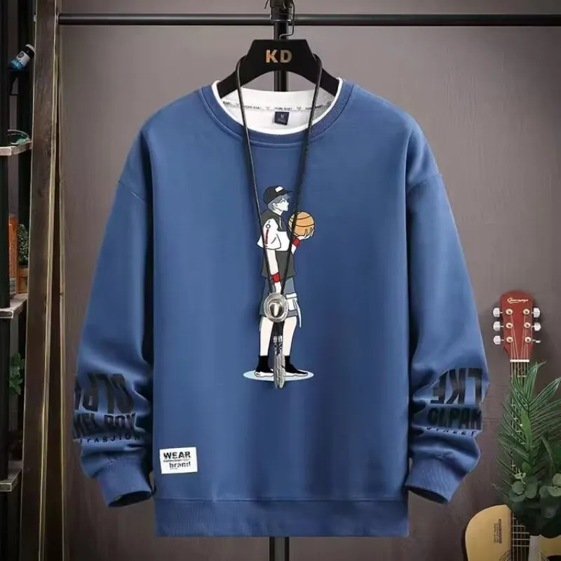 Autumn Men's Sweatshirt Korean Alphabet Printed Long Sleeve T-shirt Fashion Men's Clothing Blue O Neck Harajuku Top 2023 New - Image 6