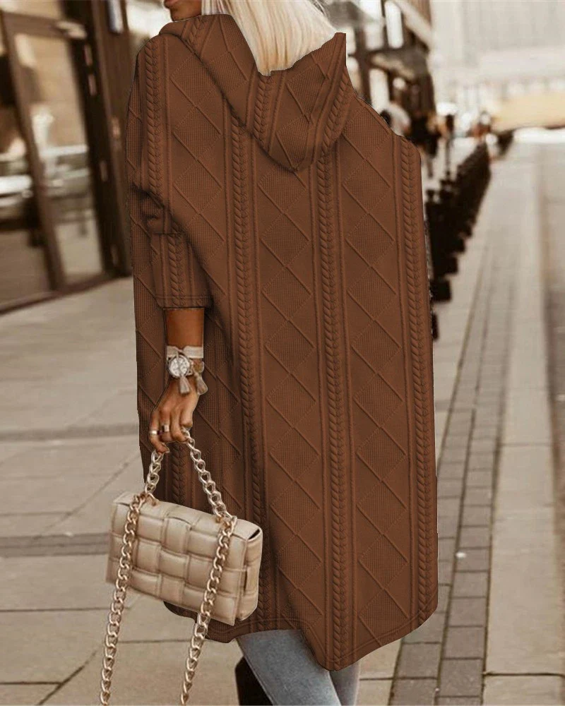 Autumn New Elegant Casual Woman’s Jackets Cable Textured Hooded Longline Coat Winter Cardigan Solid Coats for Women 2023 - Image 10