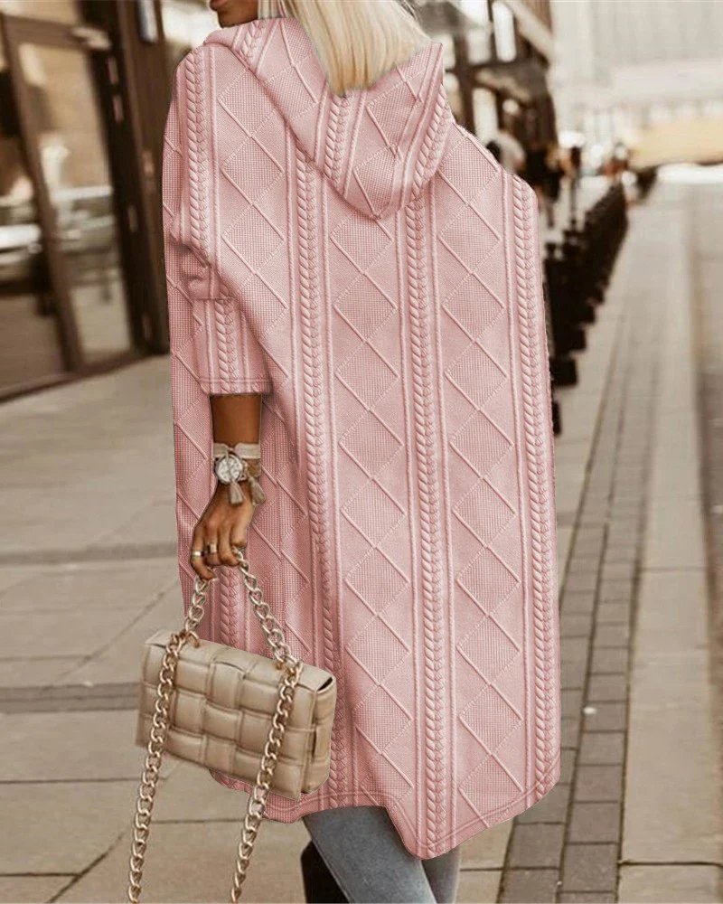 Autumn New Elegant Casual Woman’s Jackets Cable Textured Hooded Longline Coat Winter Cardigan Solid Coats for Women 2023 - Image 11