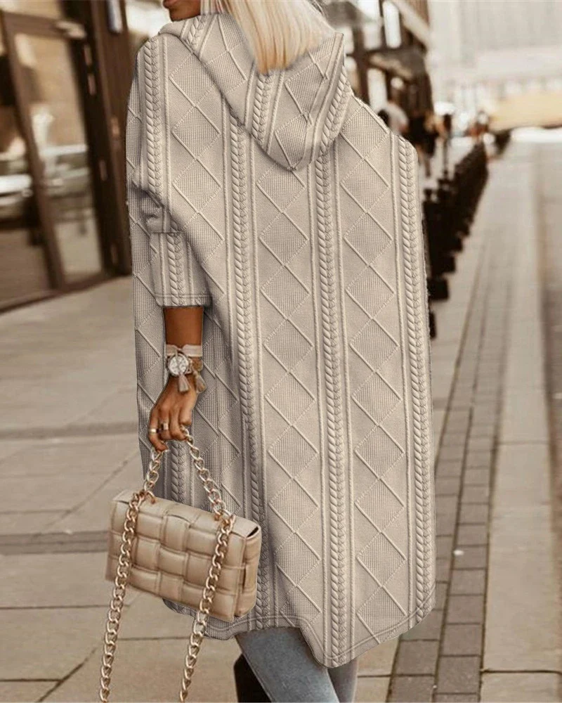 Autumn New Elegant Casual Woman’s Jackets Cable Textured Hooded Longline Coat Winter Cardigan Solid Coats for Women 2023 - Image 5