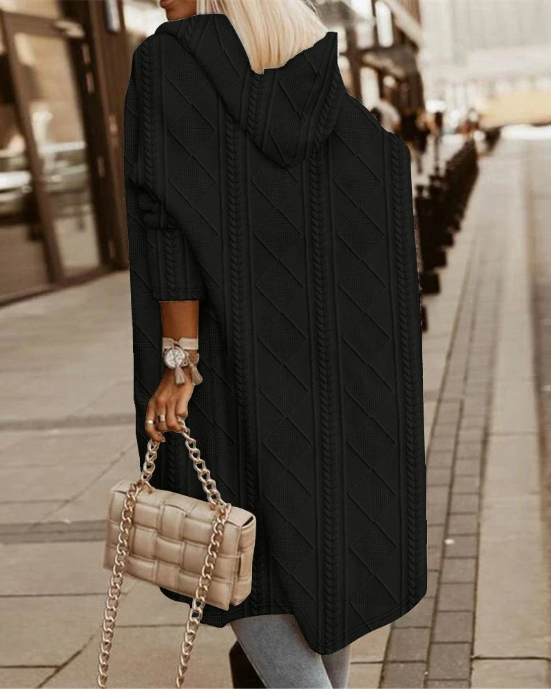 Autumn New Elegant Casual Woman’s Jackets Cable Textured Hooded Longline Coat Winter Cardigan Solid Coats for Women 2023 - Image 8