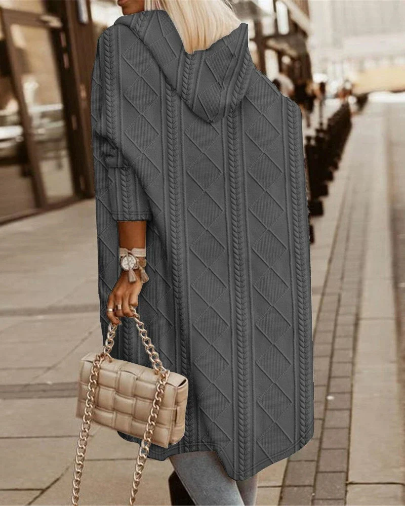 Autumn New Elegant Casual Woman’s Jackets Cable Textured Hooded Longline Coat Winter Cardigan Solid Coats for Women 2023 - Image 9