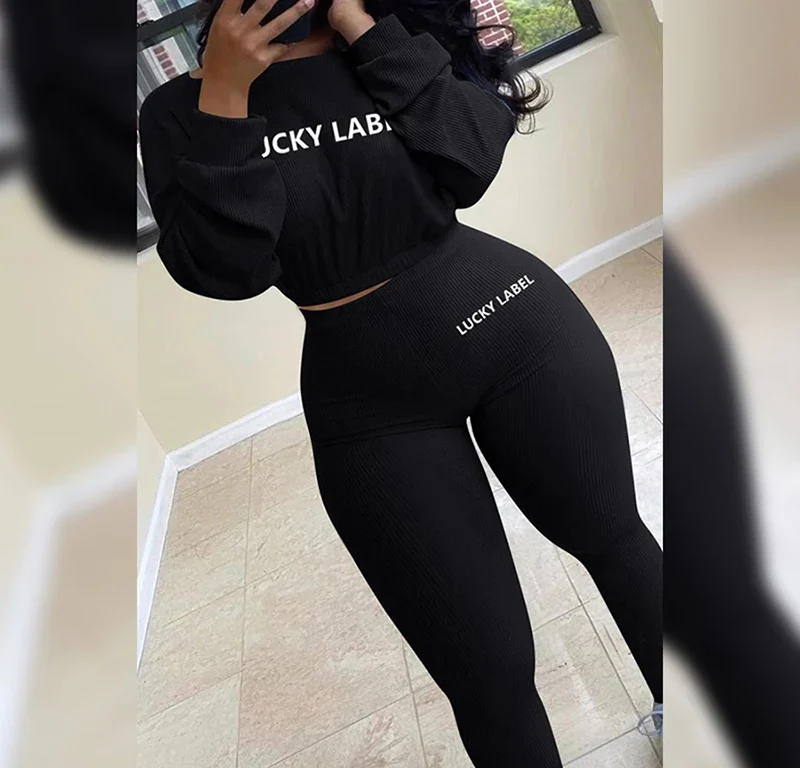 Autumn Solid Letter Embroidery Two Piece Sets Women Basic Sweatshirt+Leggings Casual Sporty Tracksuits Female Hot Corduroy - Image 7
