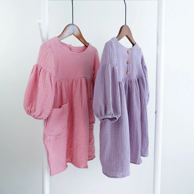 Autumn Spring Children's Clothes Organic Cotton Double Gauze Loose Pockets Baby Girls Dress Fashion Princess Casual Kids Dresses - Image 7
