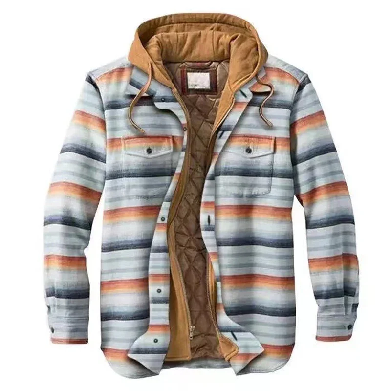 Autumn Winter Men's Jacket Plaid Thick Hooded Fake Two-piece Zipper Pocket Casual Fashion Streetwear Loose Male Coat Plus Size - Image 2