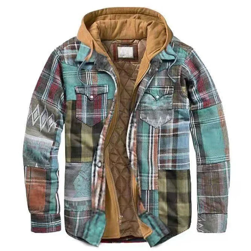 Autumn Winter Men's Jacket Plaid Thick Hooded Fake Two-piece Zipper Pocket Casual Fashion Streetwear Loose Male Coat Plus Size - Image 3