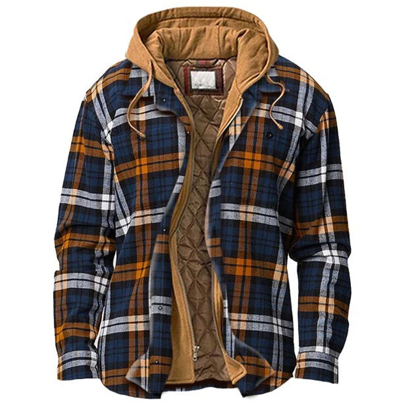 Autumn Winter Men's Jacket Plaid Thick Hooded Fake Two-piece Zipper Pocket Casual Fashion Streetwear Loose Male Coat Plus Size - Image 4