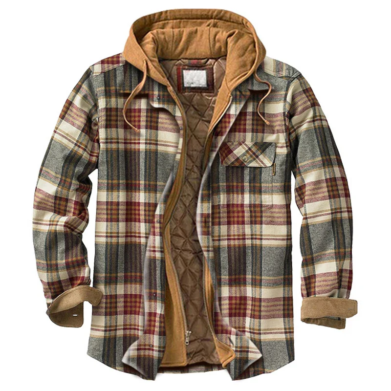 Autumn Winter Men's Jacket Plaid Thick Hooded Fake Two-piece Zipper Pocket Casual Fashion Streetwear Loose Male Coat Plus Size - Image 5