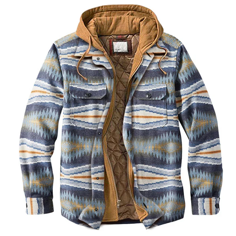 Autumn Winter Men's Jacket Plaid Thick Hooded Fake Two-piece Zipper Pocket Casual Fashion Streetwear Loose Male Coat Plus Size - Image 6