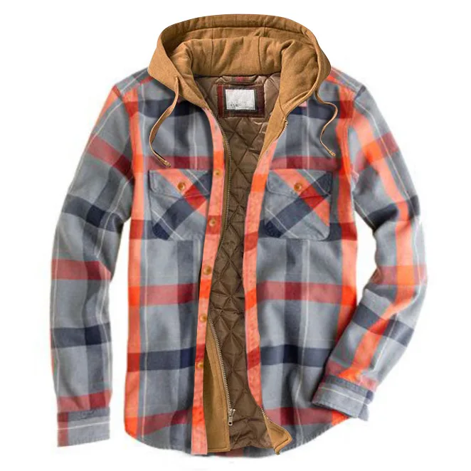 Autumn Winter Men's Jacket Plaid Thick Hooded Fake Two-piece Zipper Pocket Casual Fashion Streetwear Loose Male Coat Plus Size - Image 7