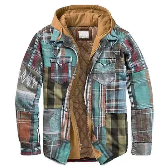 Autumn Winter Men's Jacket Plaid Thick Hooded Fake Two-piece Zipper Pocket Casual Fashion Streetwear Loose Male Coat Plus Size - Image 8