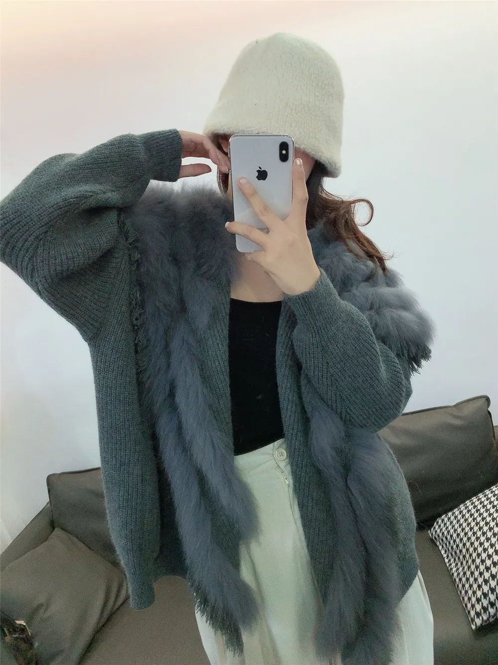 Autumn Winter New Fur Coat for women real Fox fur Knitted Sweater Cardigan Loose Korean casual women mid length outerwear Y4340 - Image 2