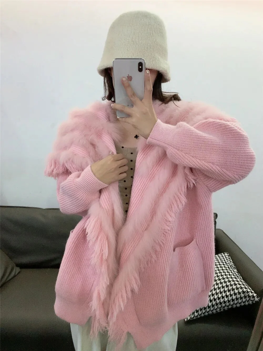 Autumn Winter New Fur Coat for women real Fox fur Knitted Sweater Cardigan Loose Korean casual women mid length outerwear Y4340 - Image 3