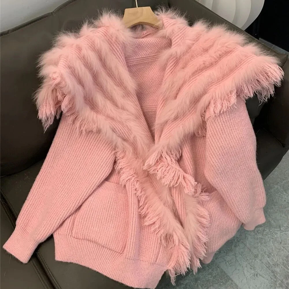 Autumn Winter New Fur Coat for women real Fox fur Knitted Sweater Cardigan Loose Korean casual women mid length outerwear Y4340 - Image 4