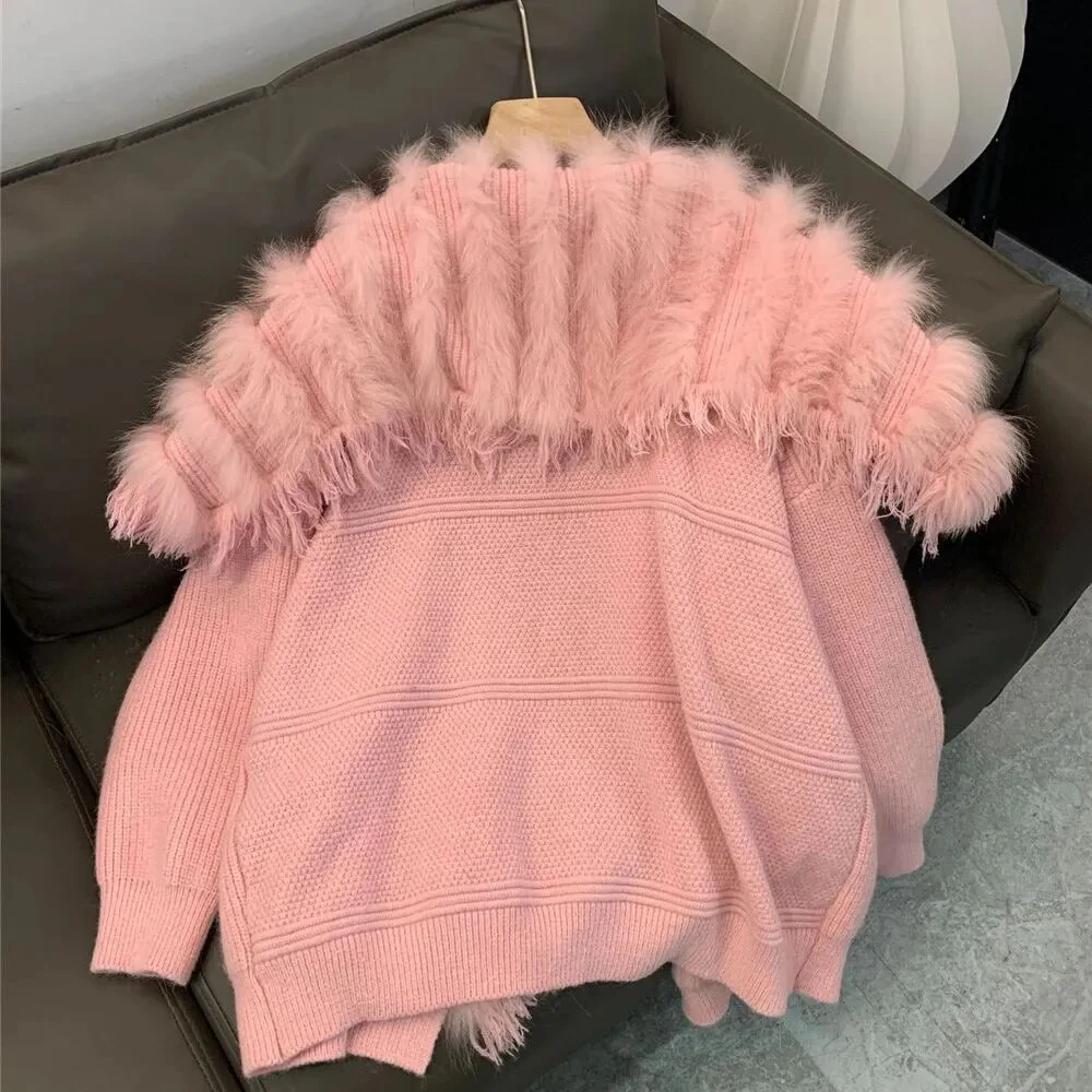 Autumn Winter New Fur Coat for women real Fox fur Knitted Sweater Cardigan Loose Korean casual women mid length outerwear Y4340 - Image 5