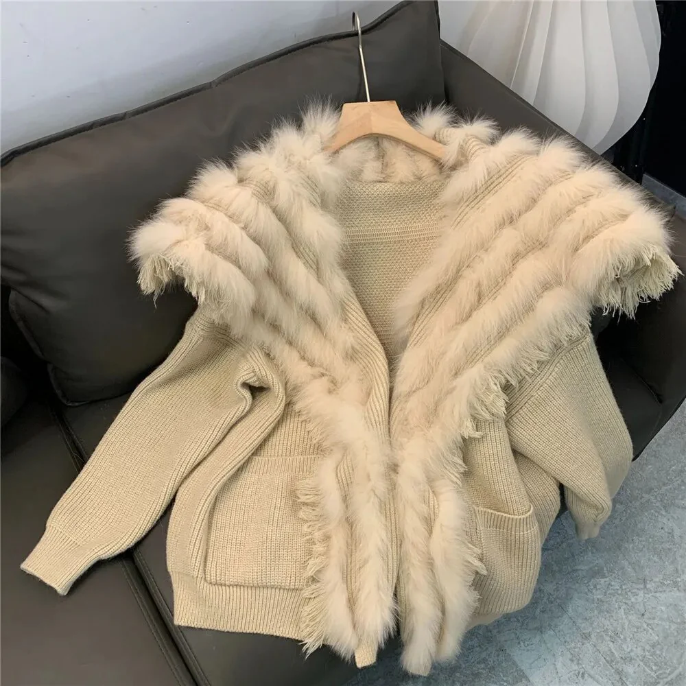 Autumn Winter New Fur Coat for women real Fox fur Knitted Sweater Cardigan Loose Korean casual women mid length outerwear Y4340 - Image 7