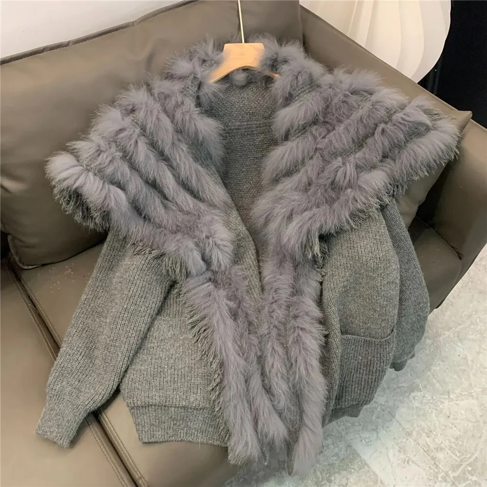 Autumn Winter New Fur Coat for women real Fox fur Knitted Sweater Cardigan Loose Korean casual women mid length outerwear Y4340 - Image 8