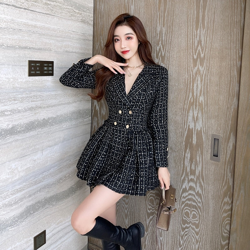 New Women's Elegant Tweed Temperament Suit High Waist Slim Pleated Dress - Image 4