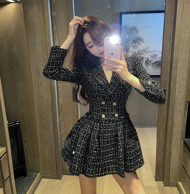 New Women's Elegant Tweed Temperament Suit High Waist Slim Pleated Dress - Image 6