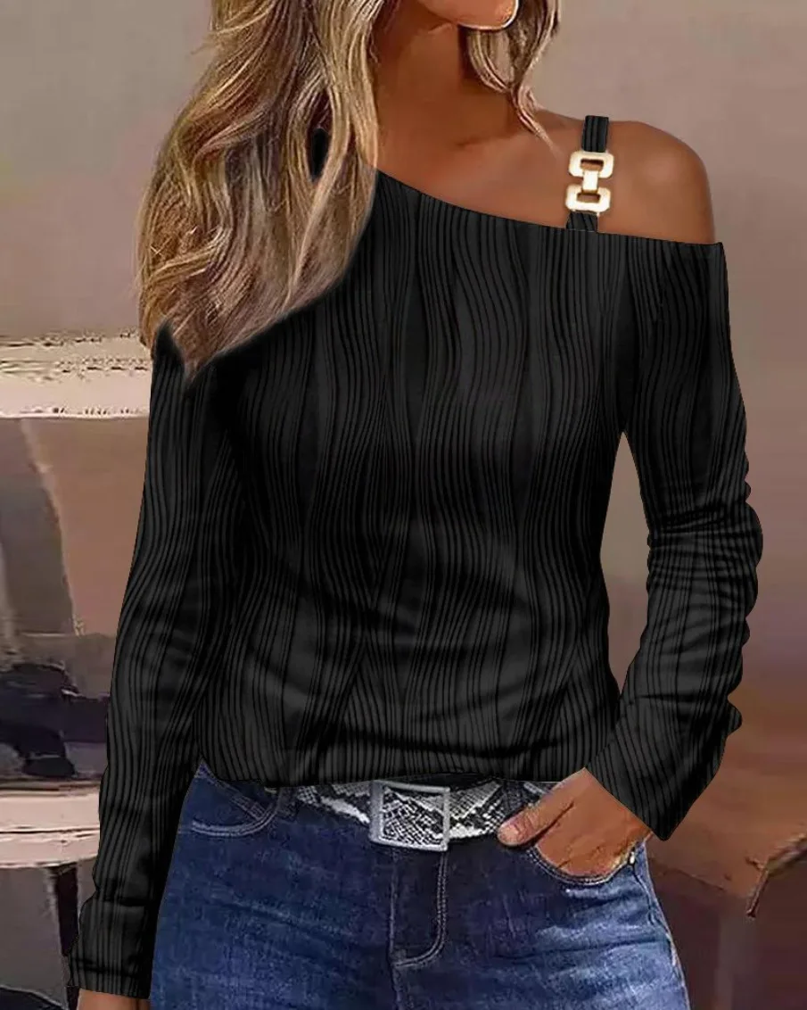 Autumn/Winter Simple Metal Button Women's Long Sleeved Shirt Elegant Office Lady Oblique Shoulder Collar Blouse Women Tops S-XXL - Image 13