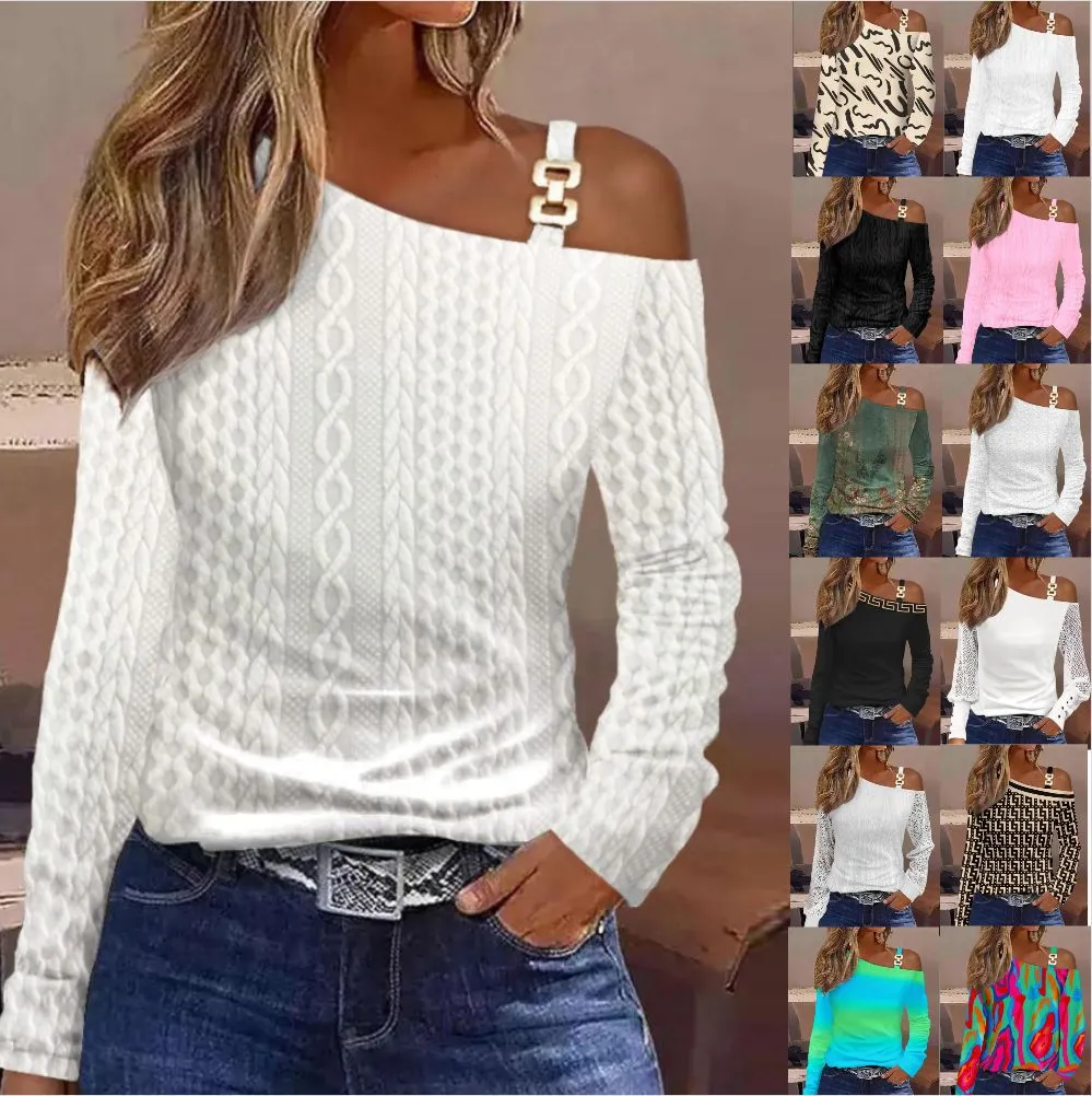 Autumn/Winter Simple Metal Button Women's Long Sleeved Shirt Elegant Office Lady Oblique Shoulder Collar Blouse Women Tops S-XXL - Image 2
