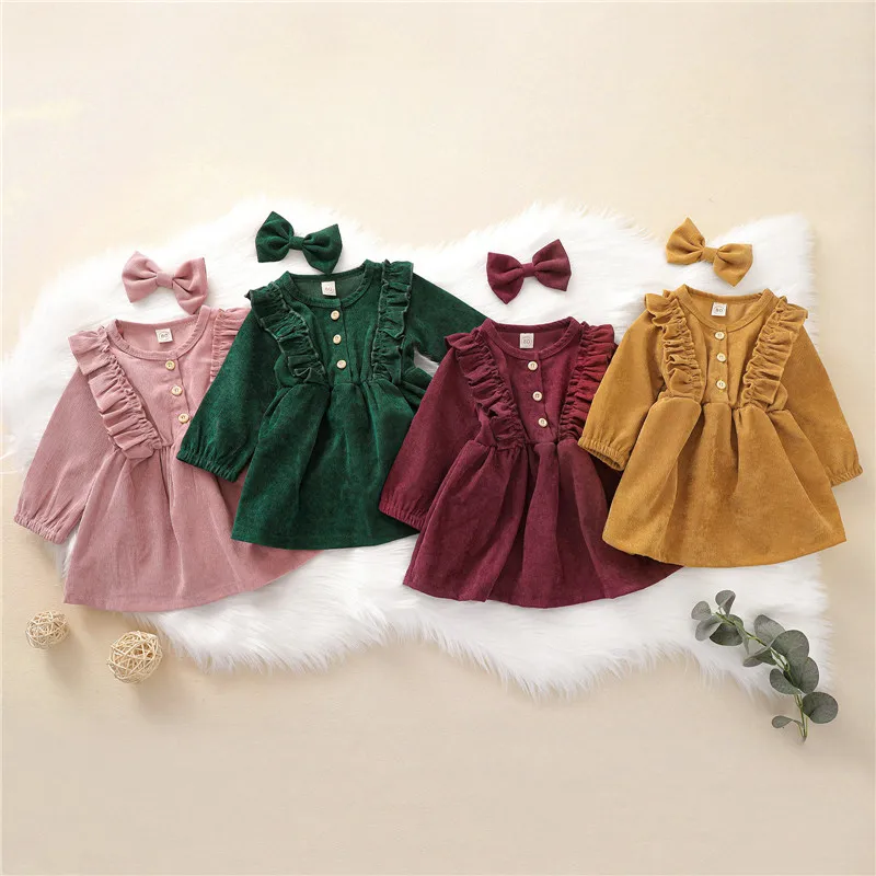 Autumn Winter Toddler Baby Girls Dress Long Sleeve Ruffles Princess Dress Kids Corduroy Pleated Fashion Children Casual Dress - Image 2