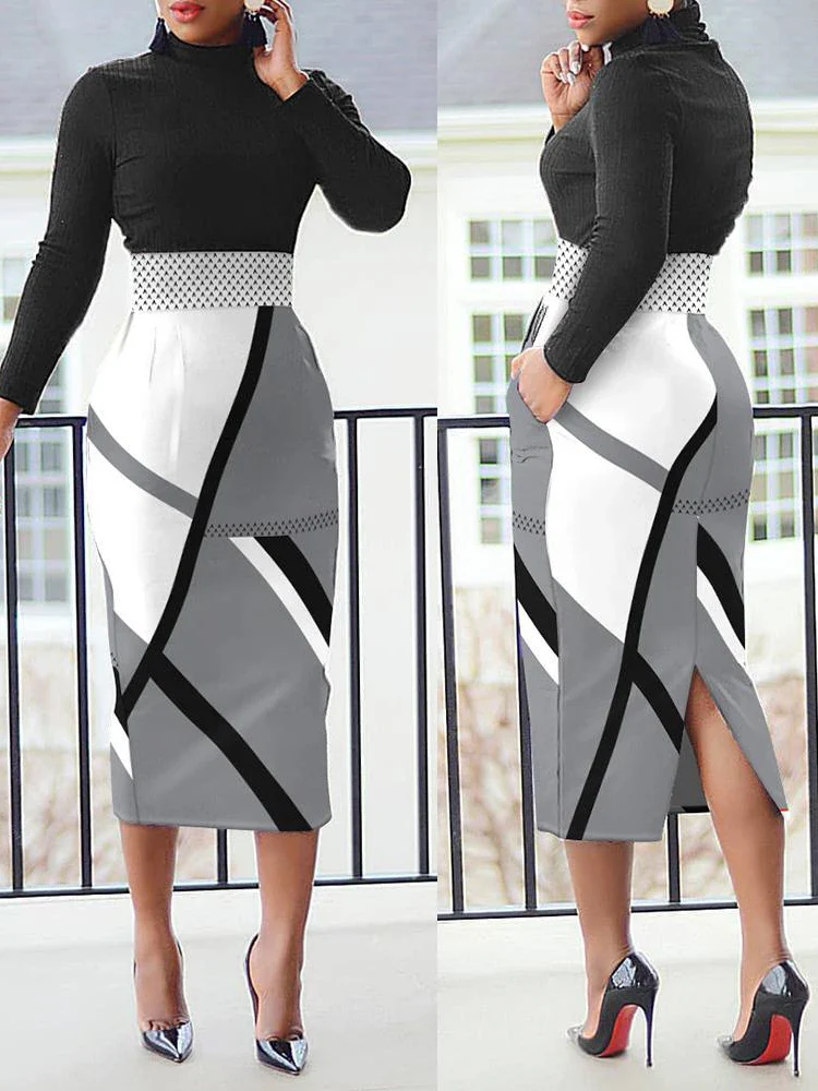 Autumn Winter Women Bodycon Long Dress Long Sleeve O-neck Print Elegant Slim Penclil Dress 2022 Casual Office Lady Midi Dresses - Image 5